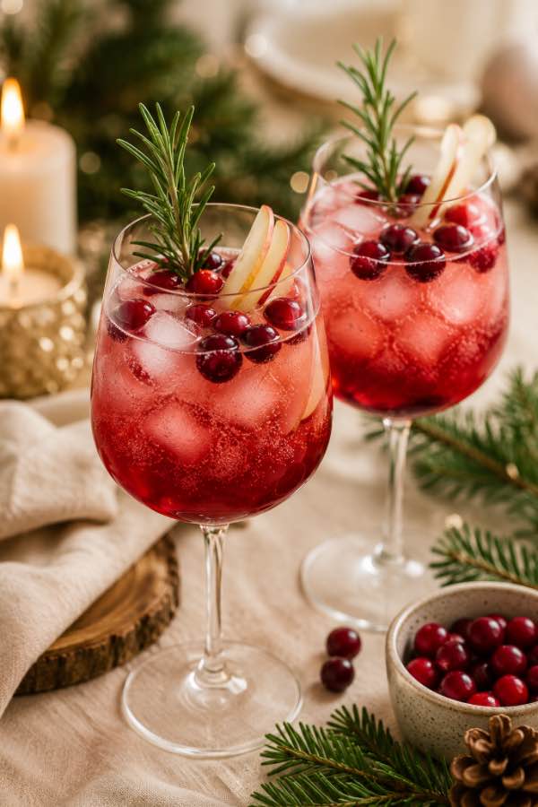Mocktail à la pomme, aux canneberges et au romarin servi dans un verre élégant